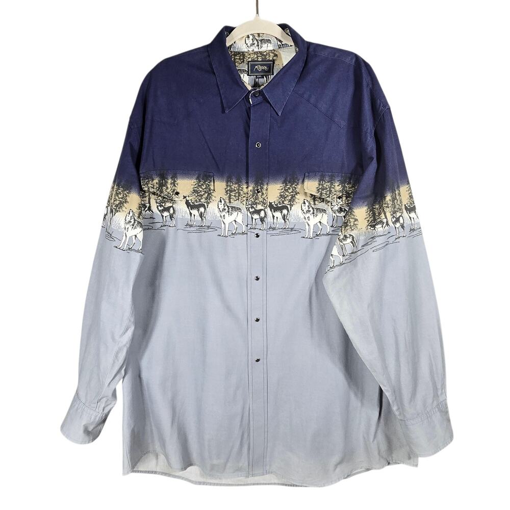 VTG 90s Roper Western Shirt Mens 2XL Blue Wolf Pack Scene Pearl Snap Graphic 90s